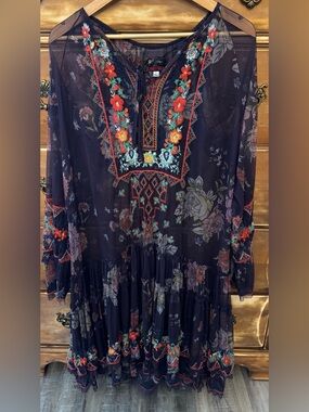 Biya by Johnny Was Krioh Embroidered Mesh Midi Dress - Navy Plum Boho L